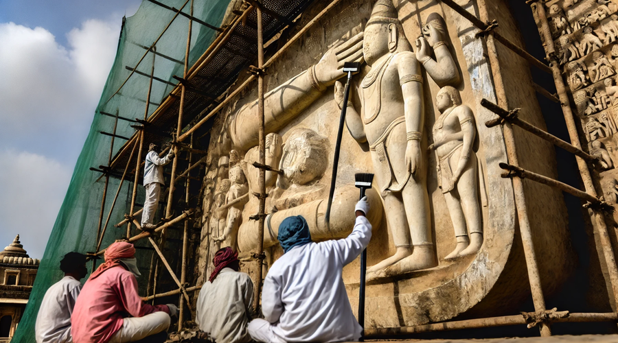 a banner image showing a carved stone image being maintained by a number of workmen